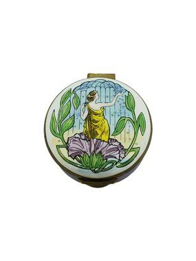 Crummles English Enamels Trinket Pill Box Art Nouveau Lady Rain Flower Purple